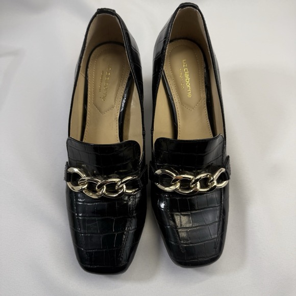 Liz Claiborne Croc Embossed Block Heel Loafers Black‎ W/Gold Chain Size 6 Classy - Picture 2 of 9